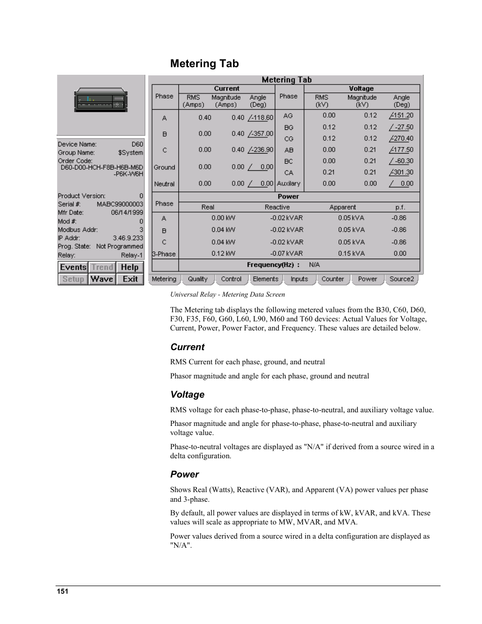 Metering tab, Current, Voltage | Power | GE EPM9450Q User Manual | Page 159 / 304