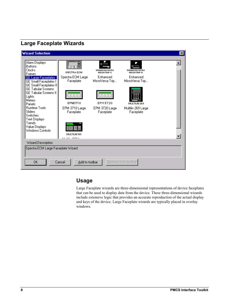 Large faceplate wizards, Usage, Arge | Aceplate, Izards, Large faceplate wizards usage | GE EPM9450Q User Manual | Page 16 / 304