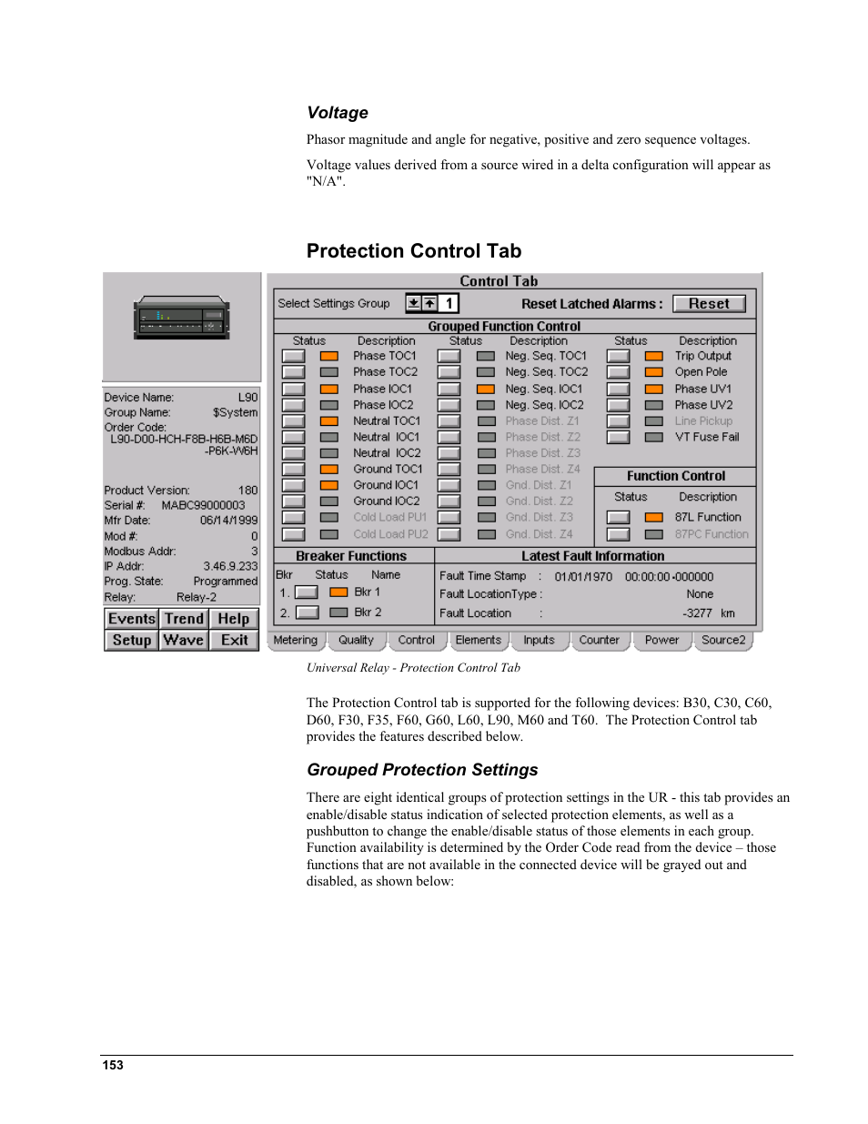 Voltage, Protection control tab, Grouped protection settings | GE EPM9450Q User Manual | Page 161 / 304