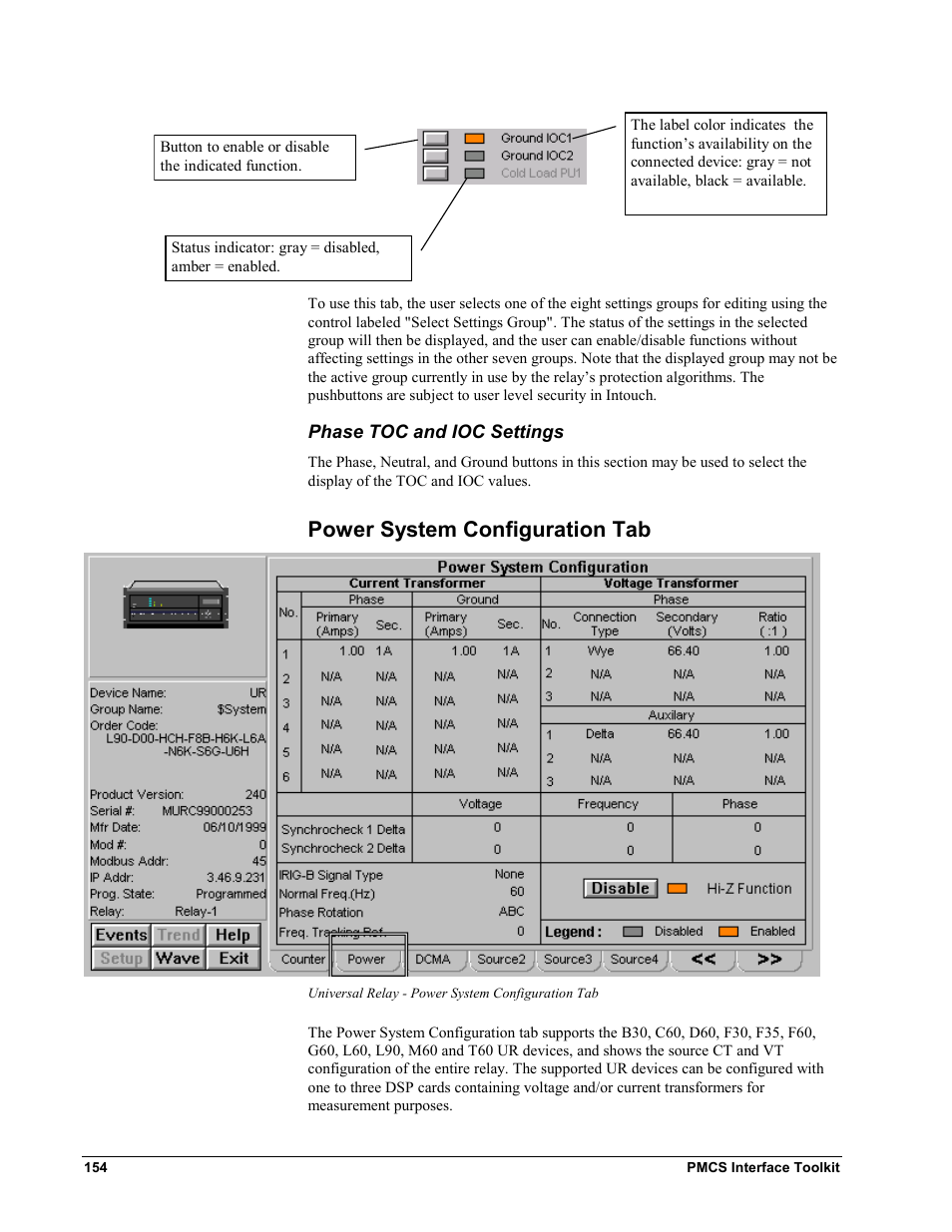 Phase toc and ioc settings, Power system configuration tab | GE EPM9450Q User Manual | Page 162 / 304