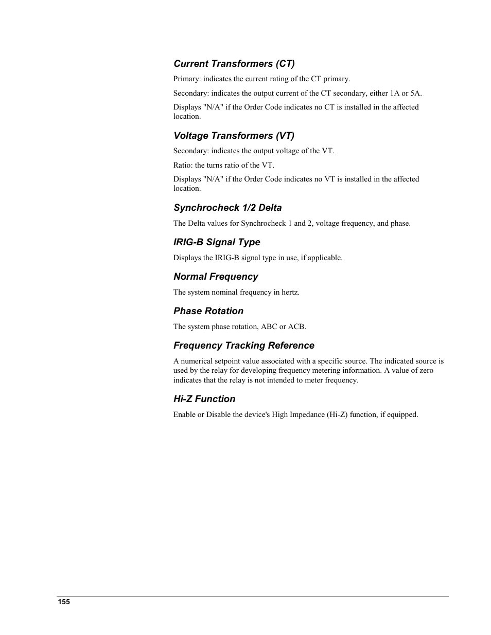 Current transformers (ct), Voltage transformers (vt), Synchrocheck 1/2 delta | Irig-b signal type, Normal frequency, Phase rotation, Frequency tracking reference, Hi-z function | GE EPM9450Q User Manual | Page 163 / 304