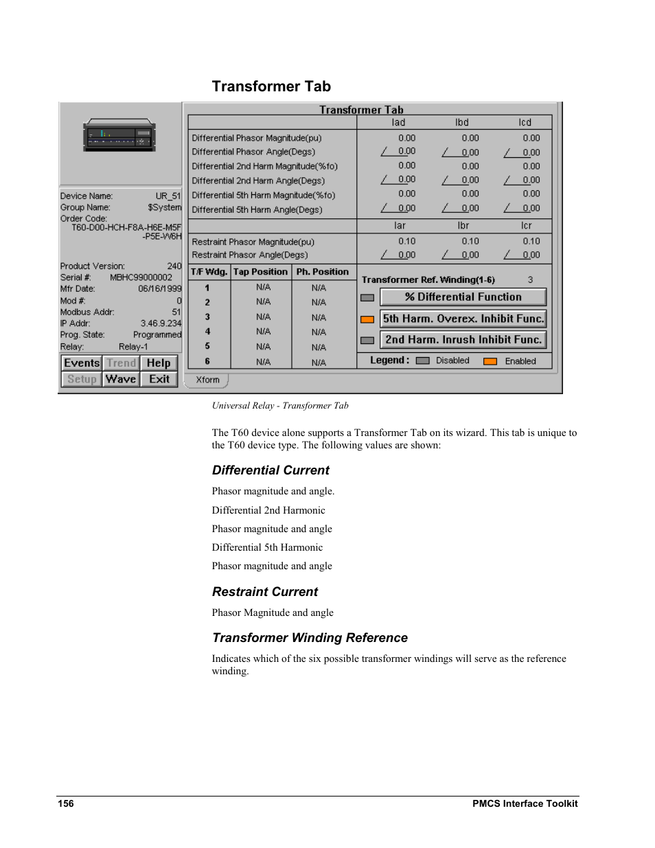 Transformer tab, Differential current, Restraint current | Transformer winding reference | GE EPM9450Q User Manual | Page 164 / 304