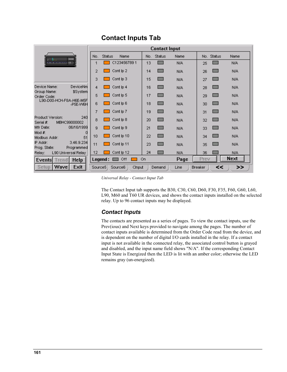 Contact inputs tab, Contact inputs | GE EPM9450Q User Manual | Page 169 / 304