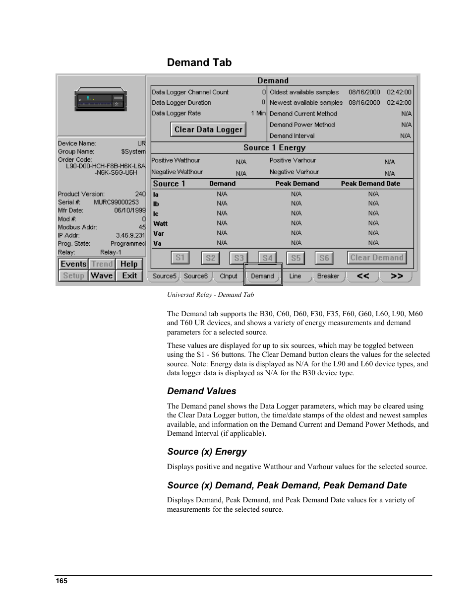 Demand tab, Demand values, Source (x) energy | Source (x) demand, peak demand, peak demand date | GE EPM9450Q User Manual | Page 173 / 304