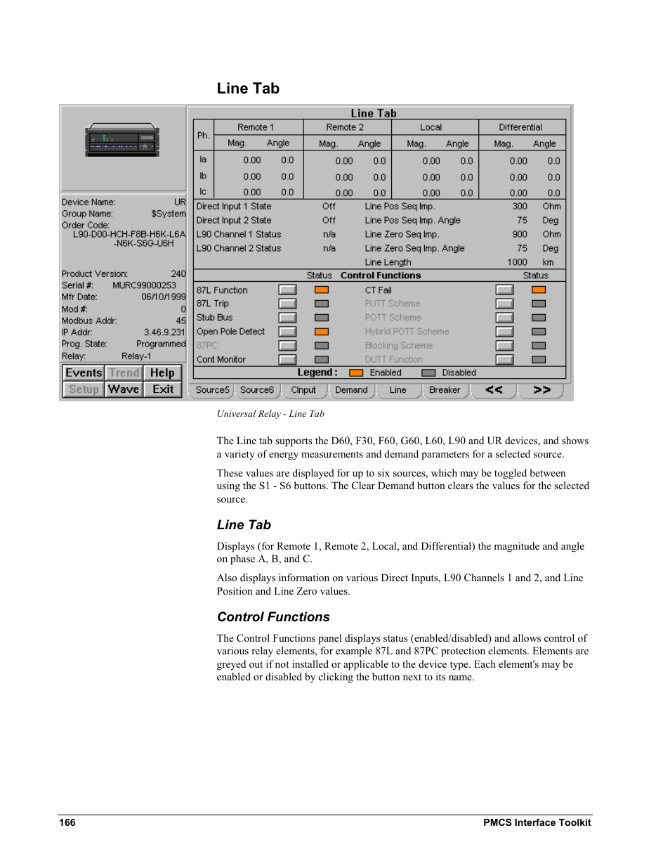 Line tab, Control functions | GE EPM9450Q User Manual | Page 174 / 304