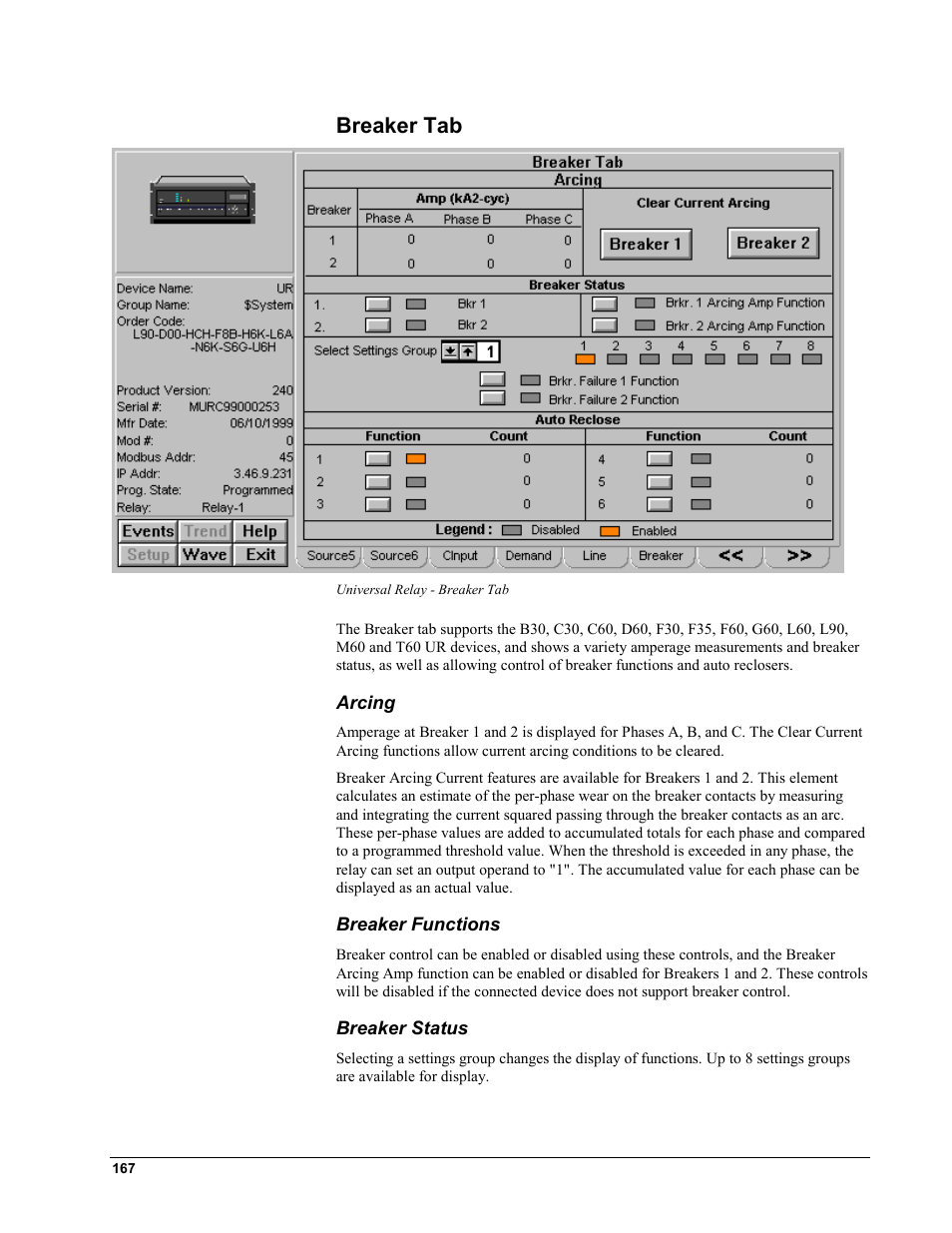Breaker tab, Arcing, Breaker functions | Breaker status | GE EPM9450Q User Manual | Page 175 / 304