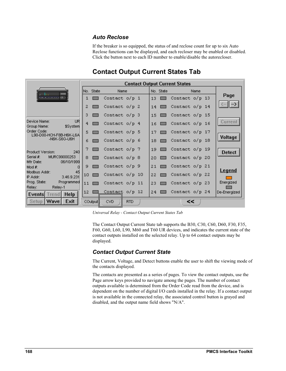 Auto reclose, Contact output current states tab, Contact output current state | GE EPM9450Q User Manual | Page 176 / 304