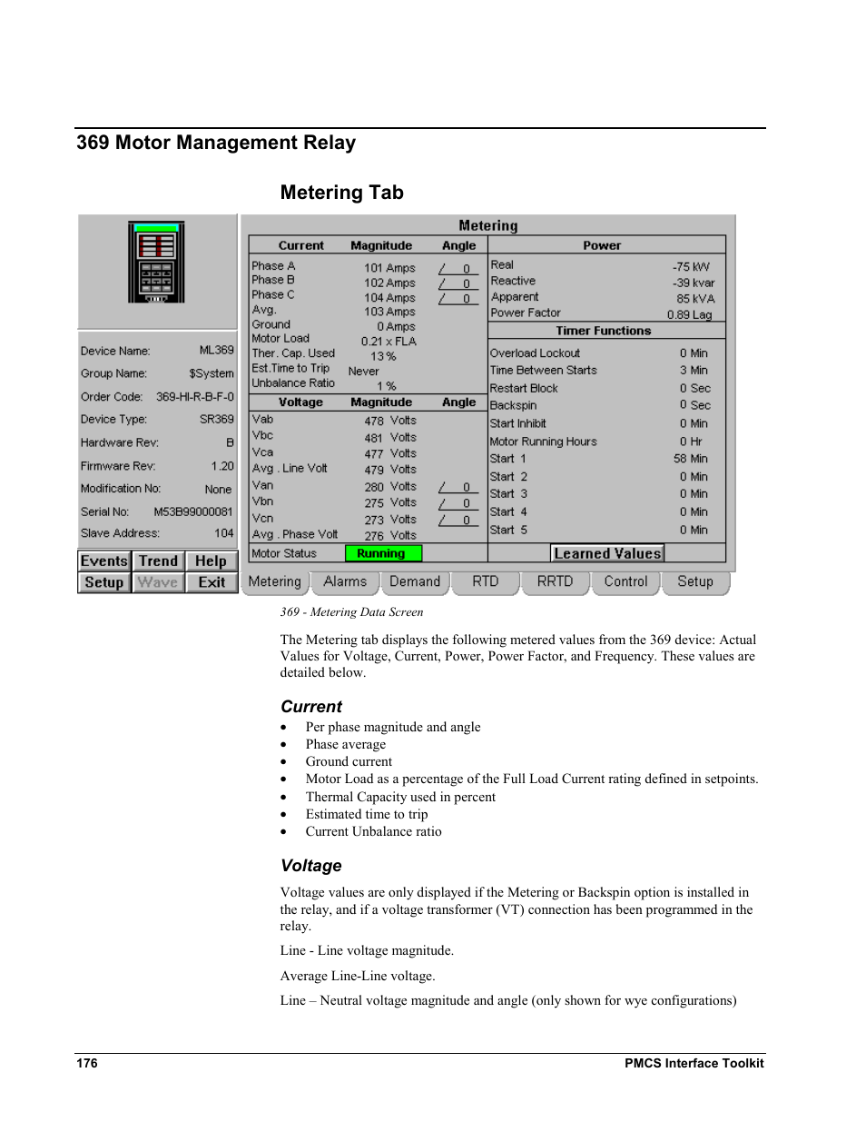 369 motor management relay, Metering tab, Current | Voltage, 369 m, Otor, Anagement, Elay, 369 motor management relay metering tab | GE EPM9450Q User Manual | Page 184 / 304