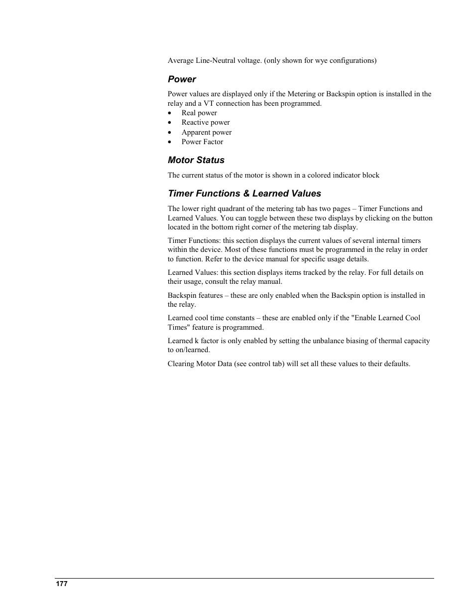 Power, Motor status, Timer functions & learned values | GE EPM9450Q User Manual | Page 185 / 304