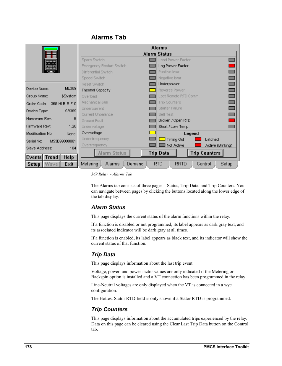 Alarms tab, Alarm status, Trip data | Trip counters | GE EPM9450Q User Manual | Page 186 / 304