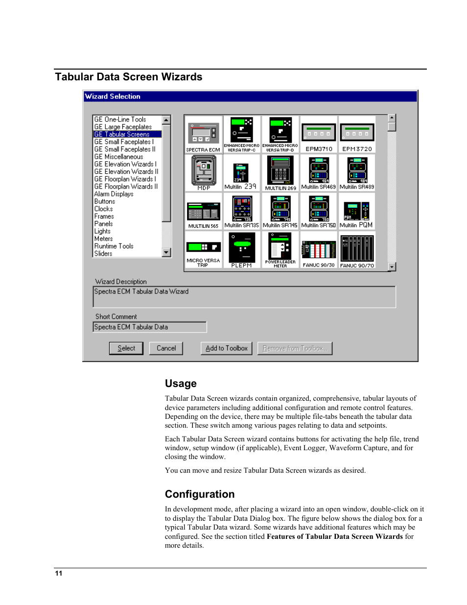 Tabular data screen wizards, Usage, Configuration | Abular, Creen, Izards, Usage configuration, Tabular data screen wizards usage | GE EPM9450Q User Manual | Page 19 / 304