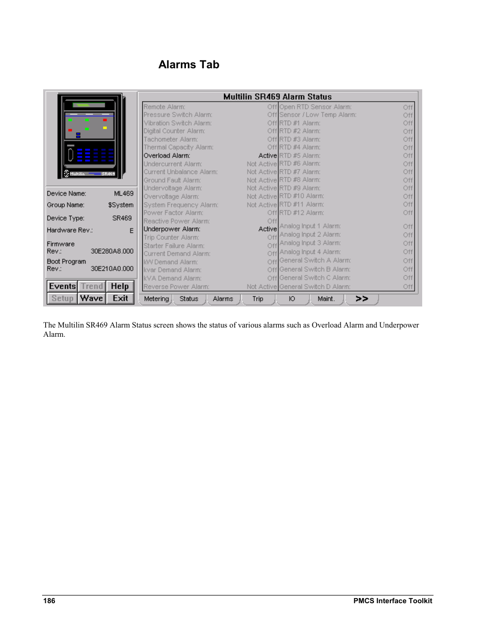 Alarms tab | GE EPM9450Q User Manual | Page 194 / 304