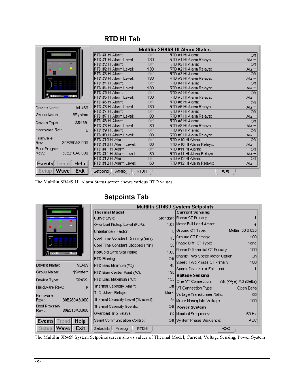 Rtd hi tab, Setpoints tab, Rtd hi tab setpoints tab | GE EPM9450Q User Manual | Page 199 / 304
