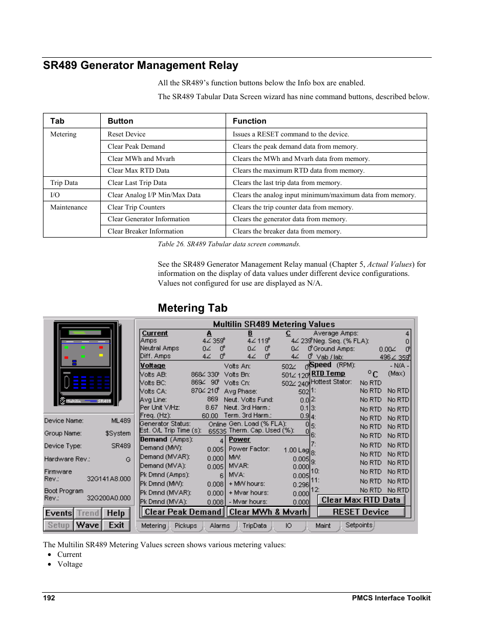 Sr489 generator management relay, Metering tab, Sr489 g | Enerator, Anagement, Elay | GE EPM9450Q User Manual | Page 200 / 304