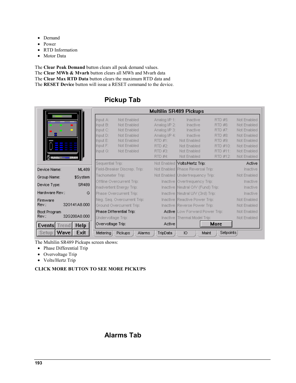 Pickup tab, Alarms tab, Pickup tab alarms tab | GE EPM9450Q User Manual | Page 201 / 304