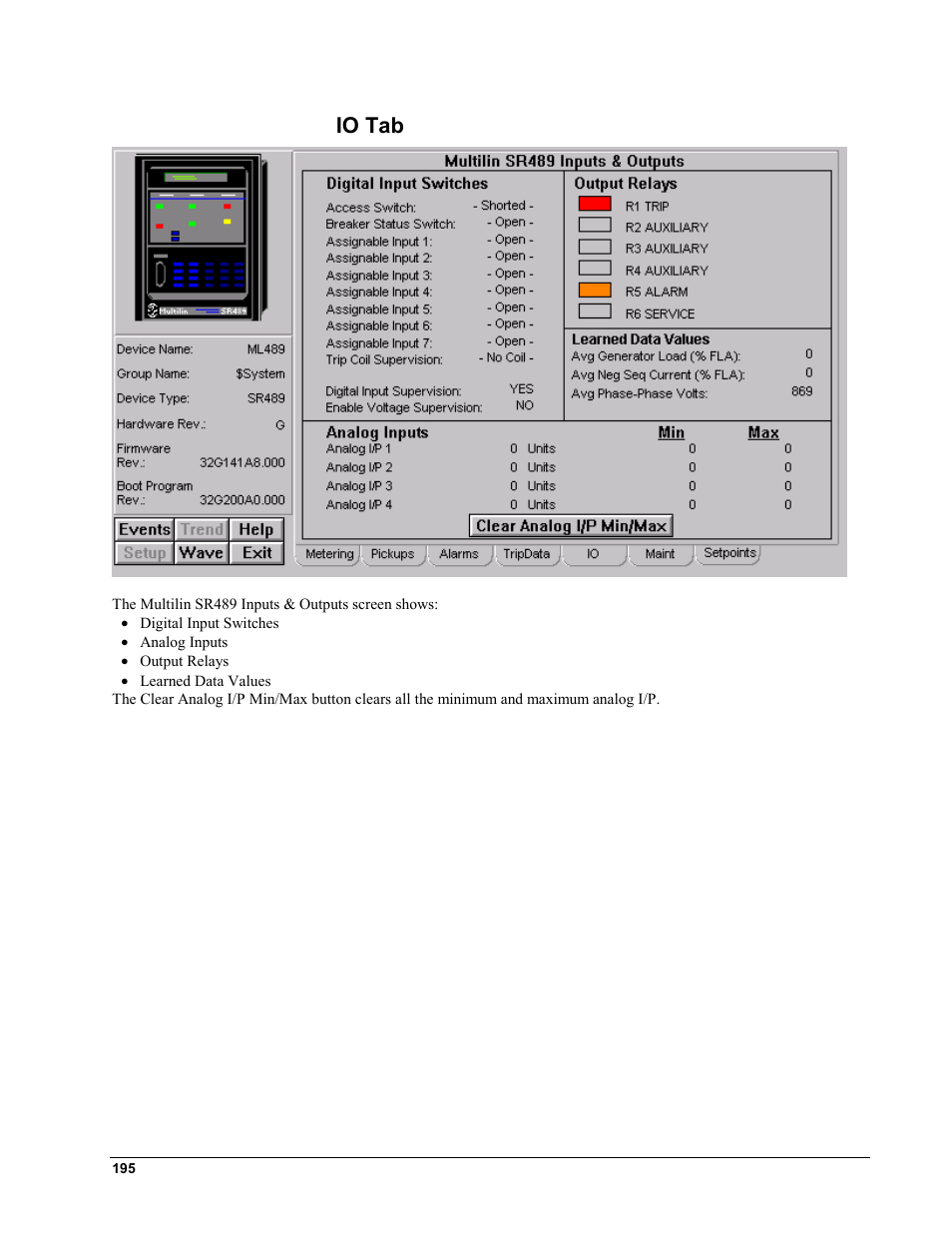 Io tab | GE EPM9450Q User Manual | Page 203 / 304