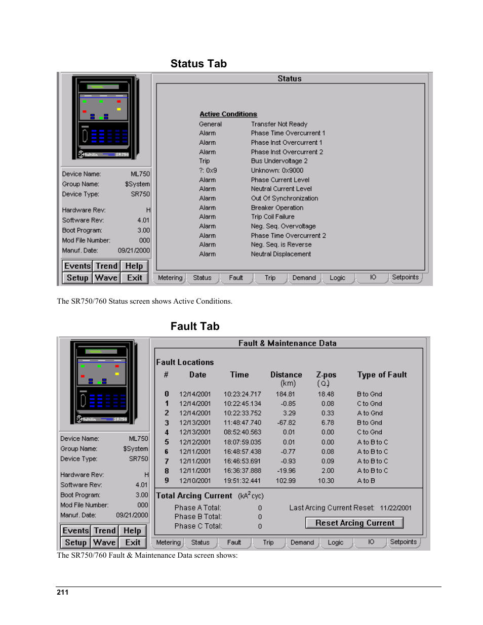 Status tab, Fault tab, Status tab fault tab | GE EPM9450Q User Manual | Page 219 / 304