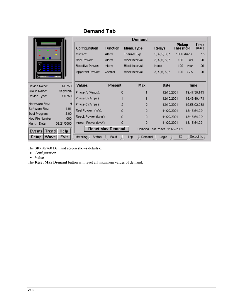 Demand tab | GE EPM9450Q User Manual | Page 221 / 304