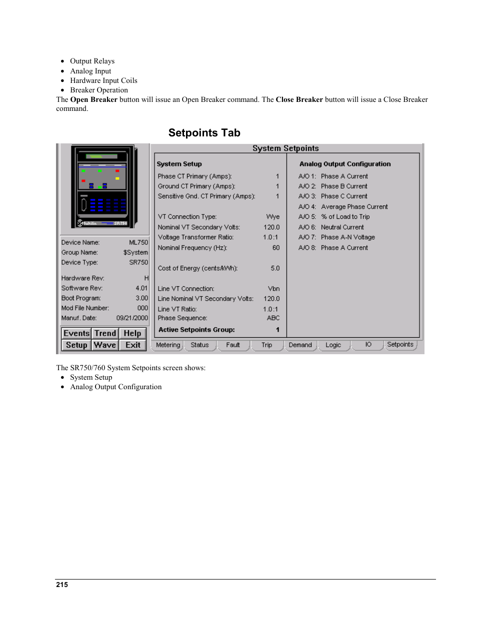 Setpoints tab | GE EPM9450Q User Manual | Page 223 / 304