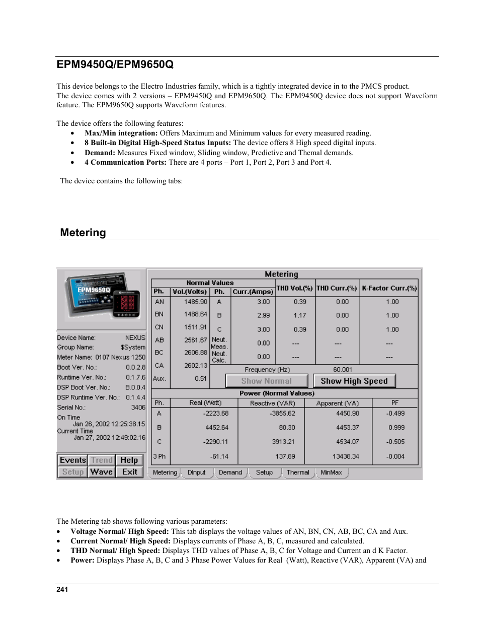 Epm9450q/epm9650q, Metering | GE EPM9450Q User Manual | Page 249 / 304