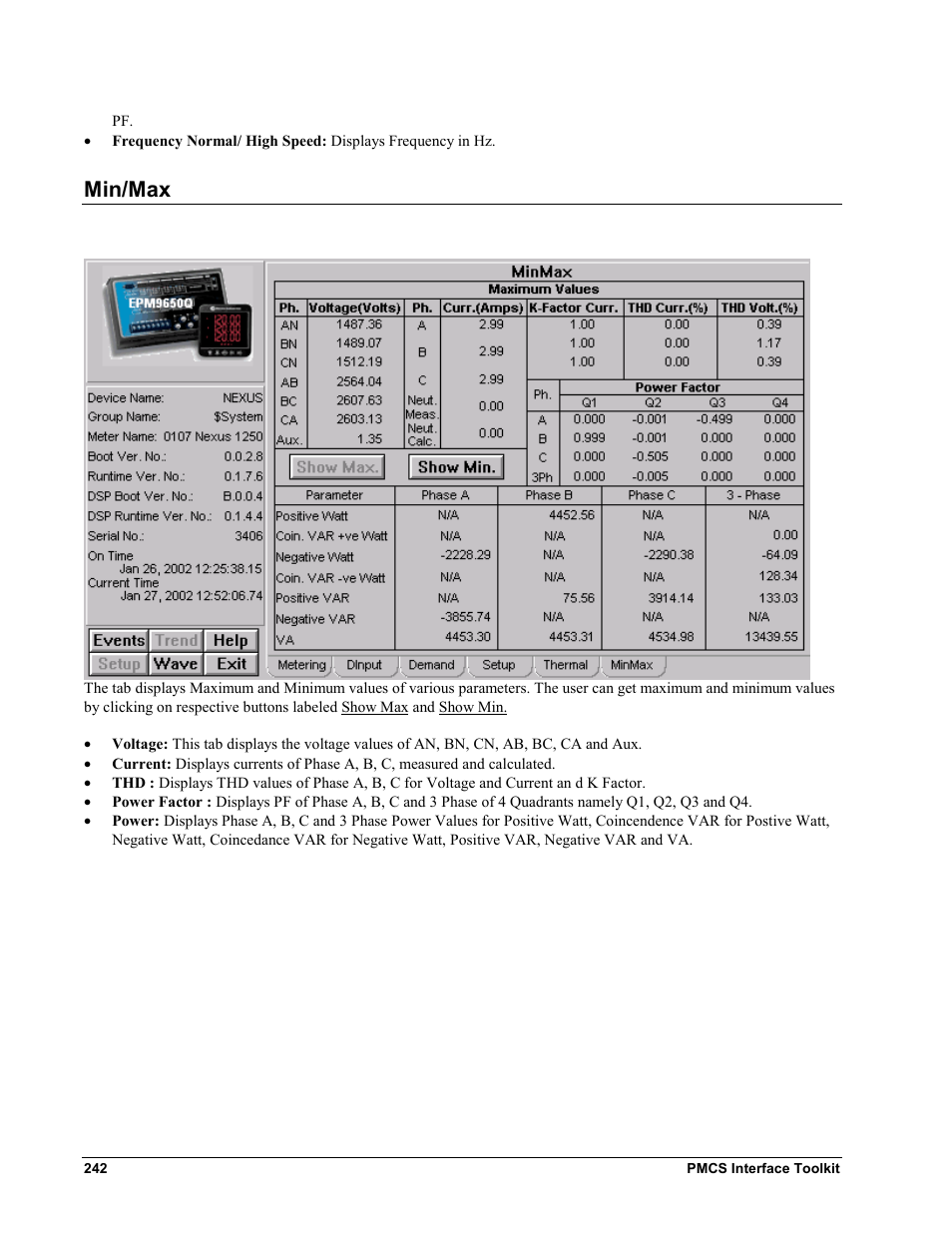 Min/max | GE EPM9450Q User Manual | Page 250 / 304