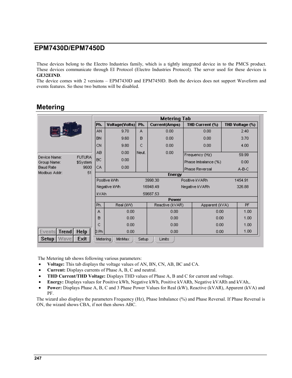 Epm7430d/epm7450d, Metering | GE EPM9450Q User Manual | Page 255 / 304