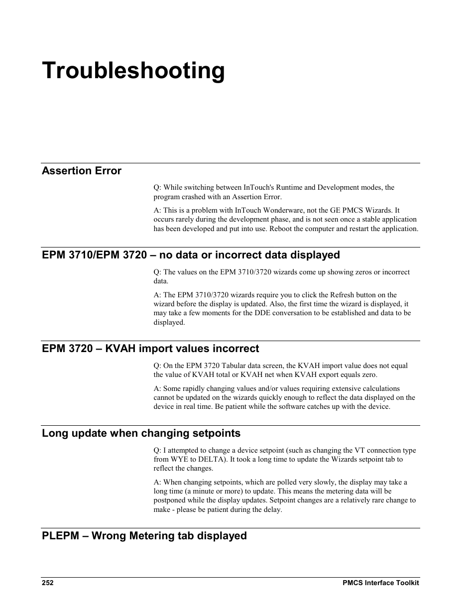 Troubleshooting, Assertion error, Epm 3720 – kvah import values incorrect | Long update when changing setpoints, Ssertion, Rror, Epm 3710/epm 3720, No data or incorrect data displayed, Epm 3720 – kvah, Import values incorrect | GE EPM9450Q User Manual | Page 260 / 304