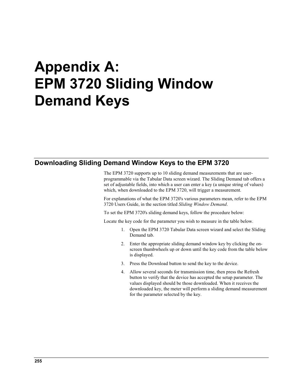 Appendix a: epm 3720 sliding window demand keys, Ownloading, Liding | Emand, Indow, Eys to the, Epm 3720 | GE EPM9450Q User Manual | Page 263 / 304