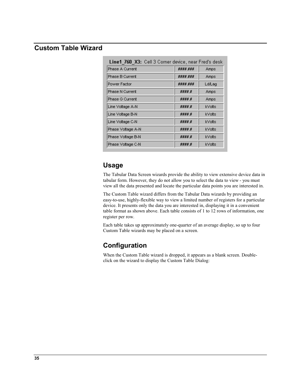 Custom table wizard, Usage, Configuration | Ustom, Able, Izard, Usage configuration, Custom table wizard usage | GE EPM9450Q User Manual | Page 43 / 304