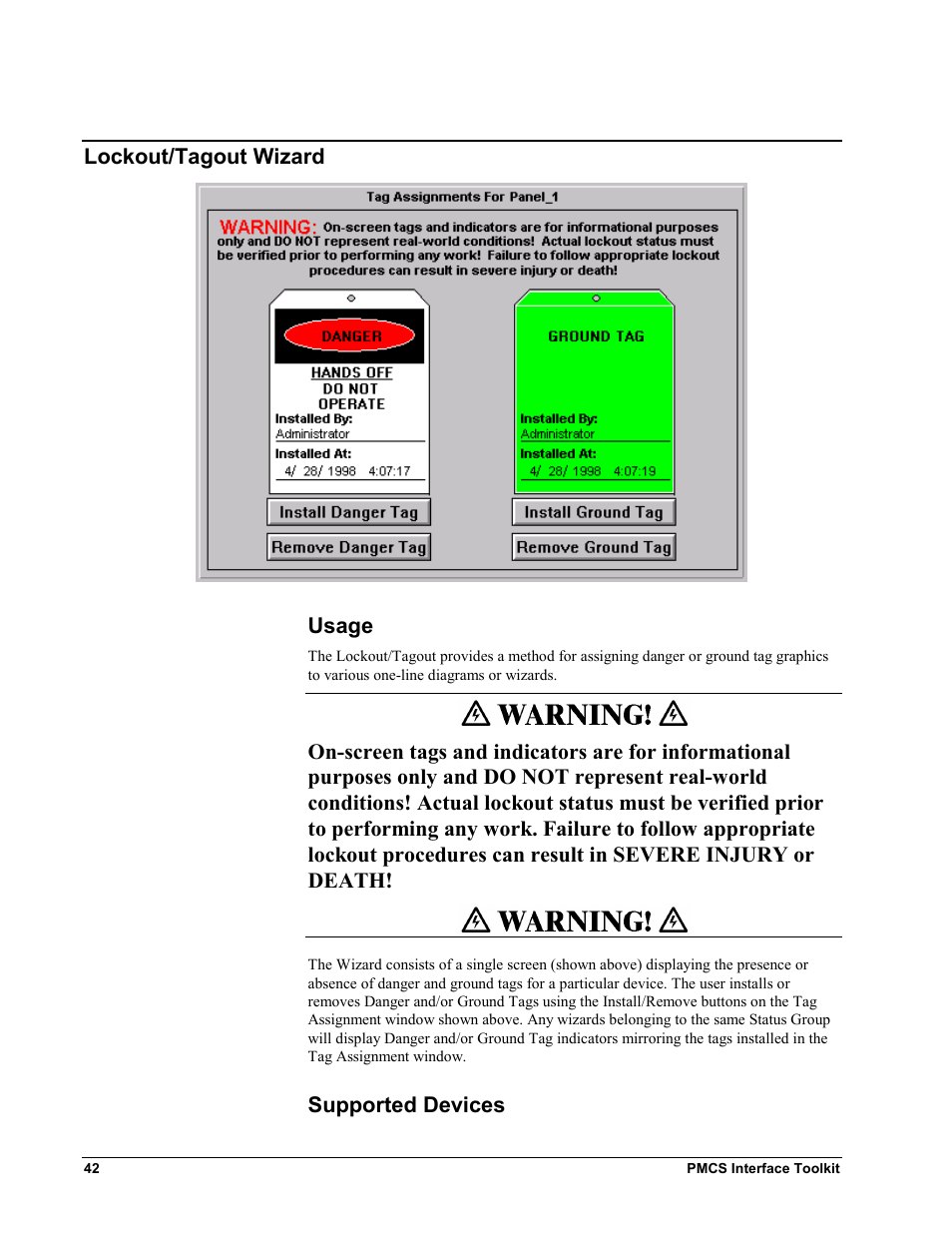 Lockout/tagout wizard, Usage, Ockout | Agout, Izard, Usage supported devices | GE EPM9450Q User Manual | Page 50 / 304