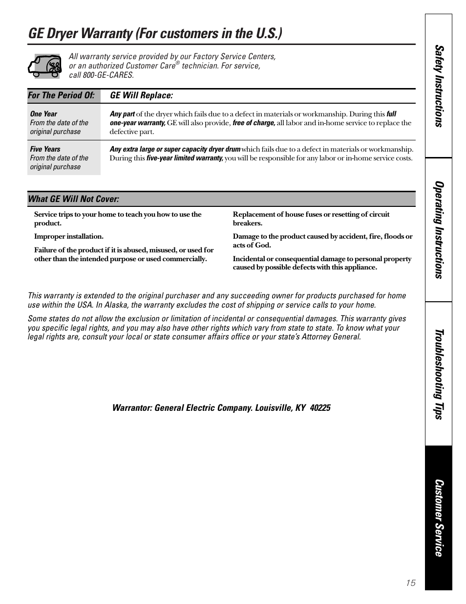 Warranty, Ge dryer warranty (for customers in the u.s.) | GE 475 User Manual | Page 15 / 16