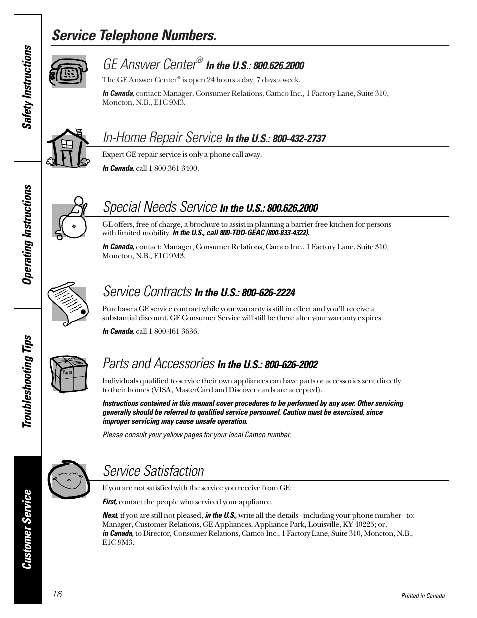 Service telephone numbers, Service telephone numbers. ge answer center, In-home repair service | Special needs service, Service contracts, Parts and accessories, Service satisfaction | GE 475 User Manual | Page 16 / 16
