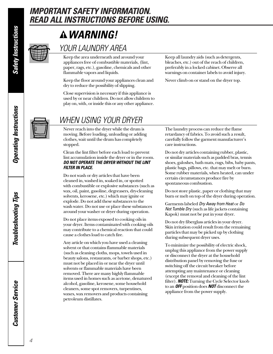Warning, Your laundry area, When using your dryer | GE 475 User Manual | Page 4 / 16