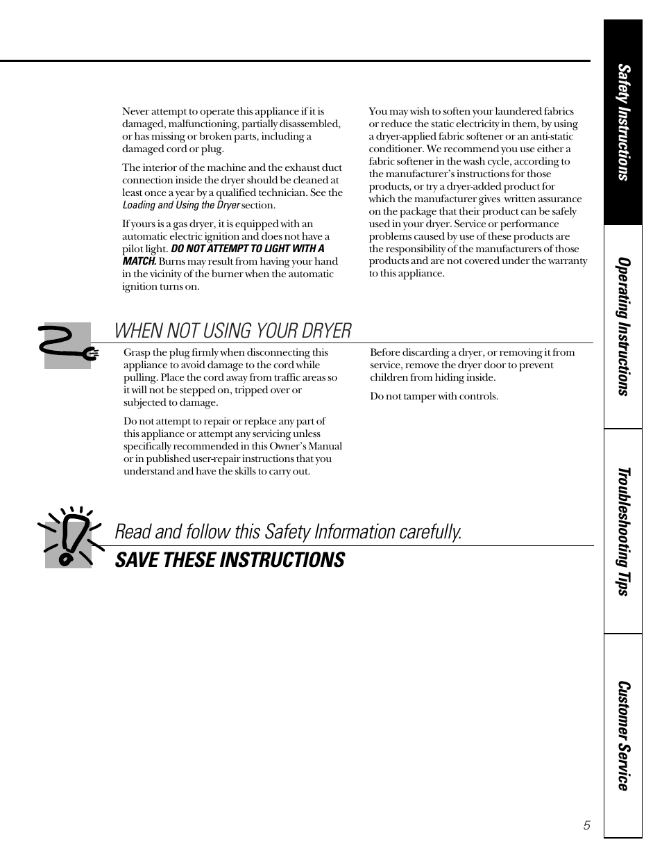When not using your dryer | GE 475 User Manual | Page 5 / 16