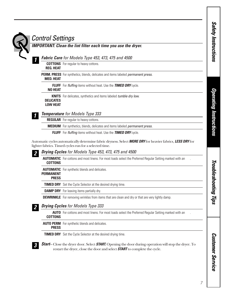 Control settings | GE 475 User Manual | Page 7 / 16