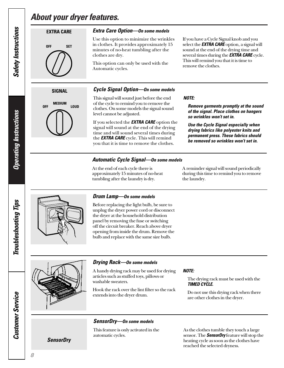 Features, About your dryer features | GE 475 User Manual | Page 8 / 16