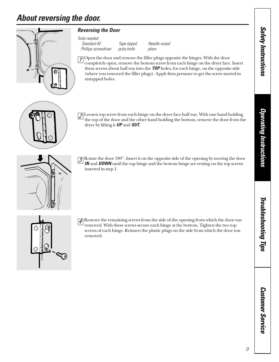 Reversing the door, About reversing the door | GE 475 User Manual | Page 9 / 16