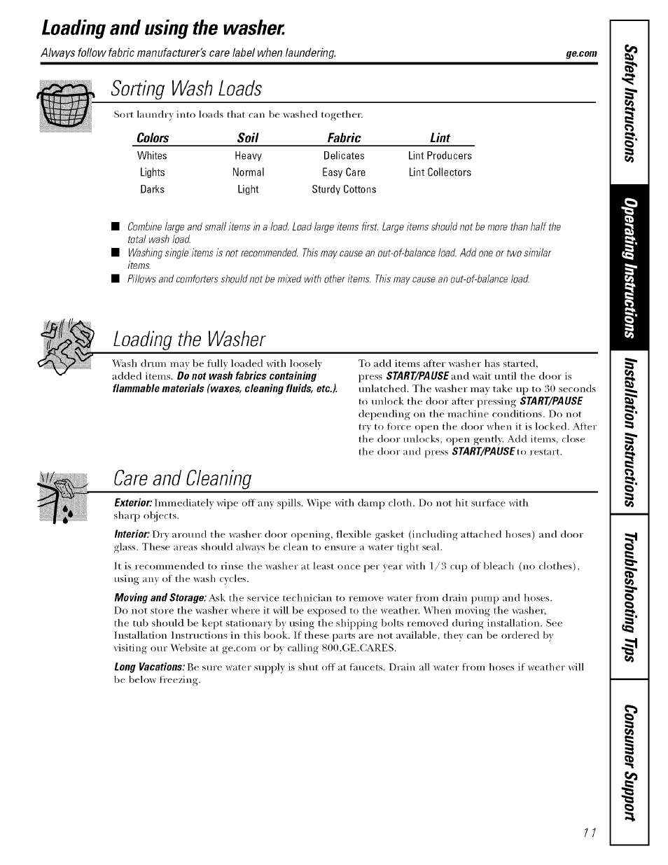 Sorting wash loads, Loading the washer, Care and cleaning | Loading and using the washer | GE LAVEUSES GBVH5140 User Manual | Page 11 / 76