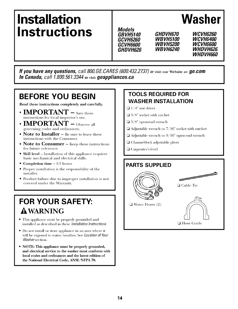 Tools required for washer installation, Installation instructions, Washer | Before you begin, For your safety, Important, Warning | GE LAVEUSES GBVH5140 User Manual | Page 14 / 76