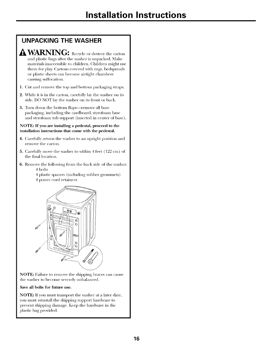Unpacking the washer, Unpacking your washer, Installation instructions | GE LAVEUSES GBVH5140 User Manual | Page 16 / 76