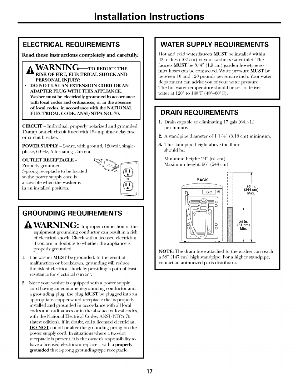 Electrical. requireivieixits, Read these instructions completely and carefully, Grounding requirements | Water supply requirements, Drain requirements, Electrical requirements, Installation instructions, A warning—t, Awarmng | GE LAVEUSES GBVH5140 User Manual | Page 17 / 76