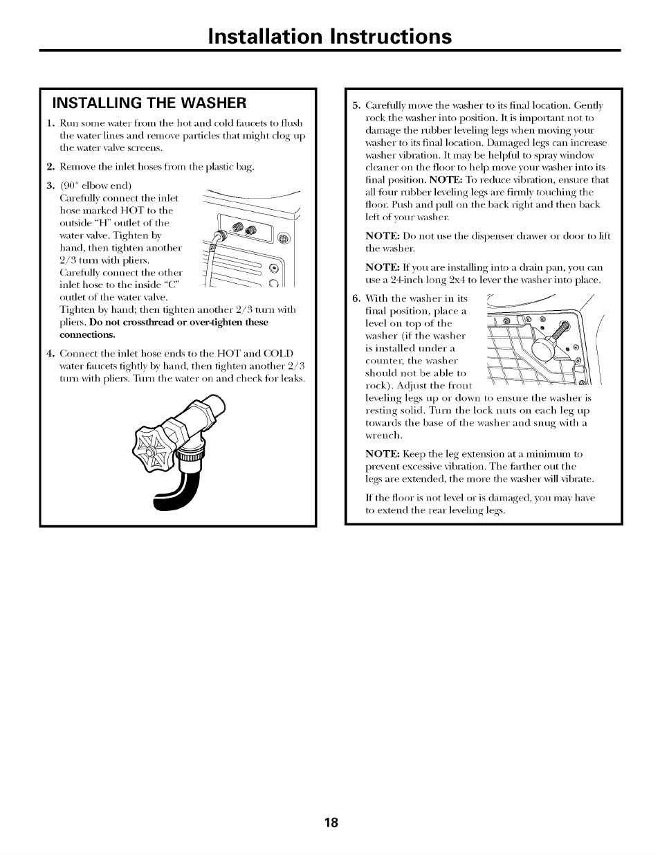Installing the washer, Installation instructions | GE LAVEUSES GBVH5140 User Manual | Page 18 / 76