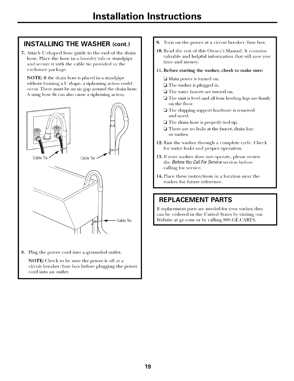 Installing the washer (cont.), Replacement parts, Installation instructions | GE LAVEUSES GBVH5140 User Manual | Page 19 / 76