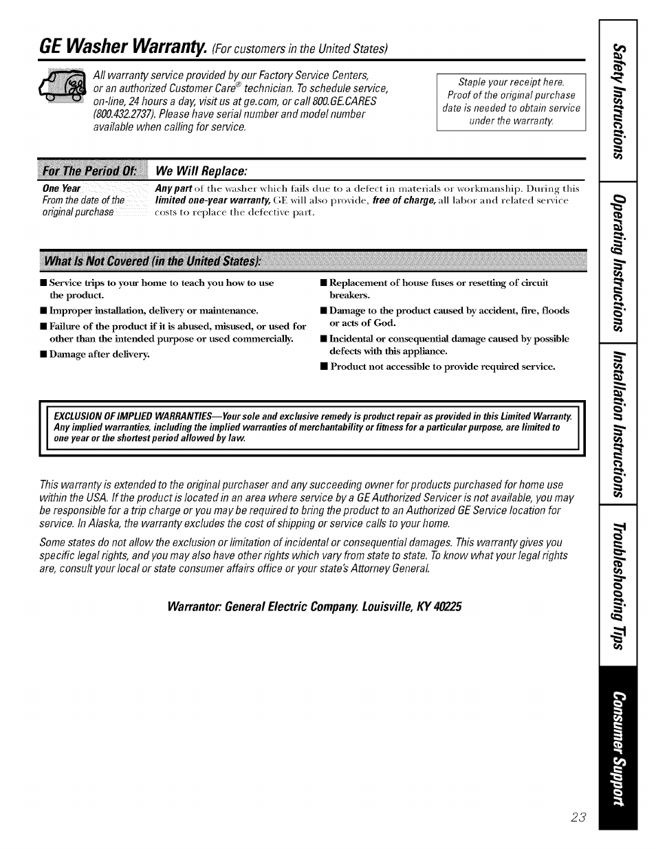 For the period of: we will replace, What is not covered (in the united states), Ge washer warranty | GE LAVEUSES GBVH5140 User Manual | Page 23 / 76