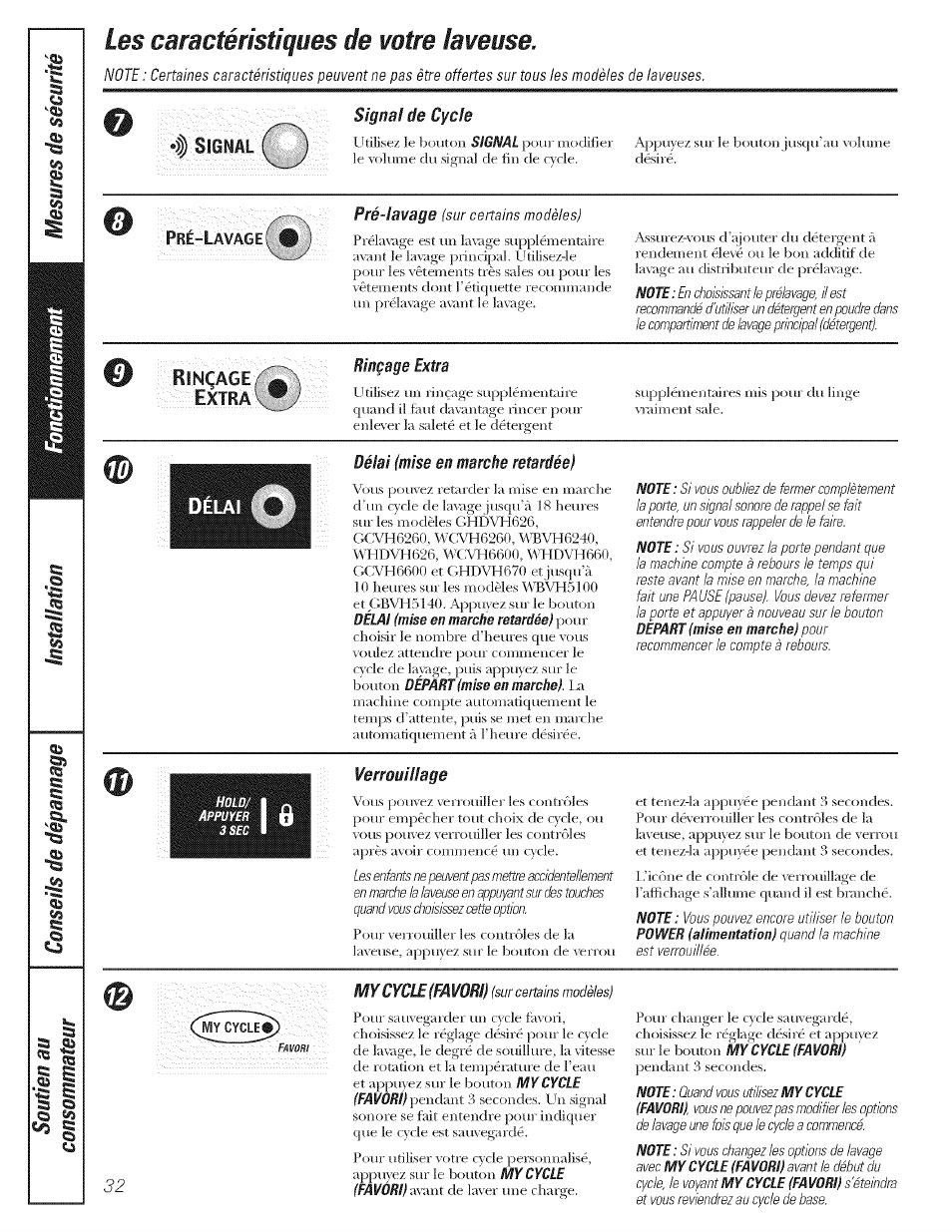 Les caractéristiques de votre laveuse, Rinçage extra, Délai (mise en marche retardée) | Verrouillage, Il ë, Rinçage,/-¿"v | GE LAVEUSES GBVH5140 User Manual | Page 32 / 76