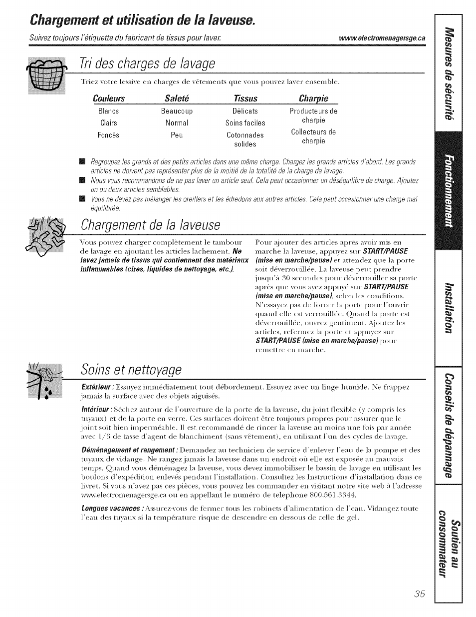 Tri des charges de lavage, Chargement de la laveuse, Soins et nettoyage | Chargement et uthisation de ta iaweuse | GE LAVEUSES GBVH5140 User Manual | Page 35 / 76