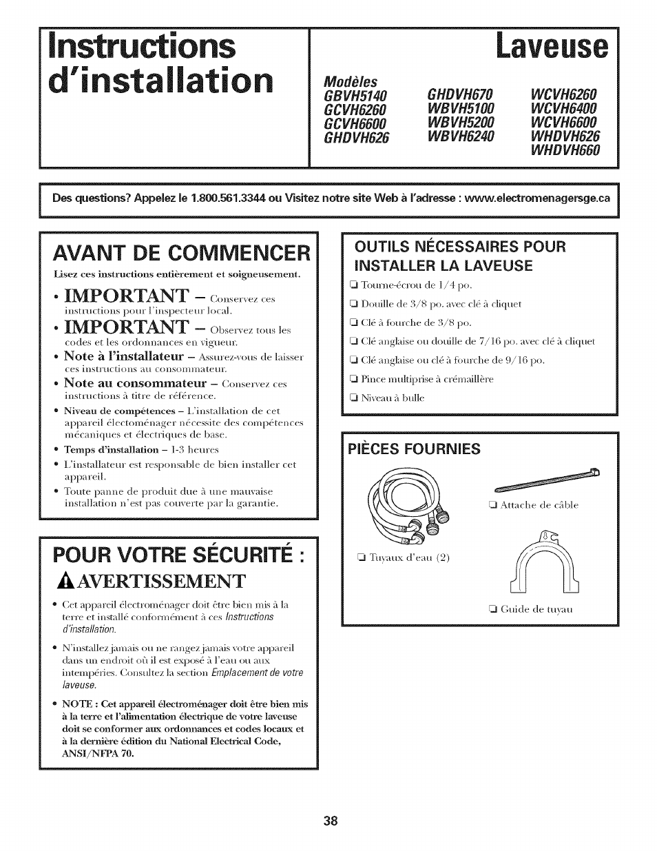 Outils necessaires pour installer la laveuse, Instructions d'installation laveuse, Avant de commencer | Important, Pour votre securite, Avertissement | GE LAVEUSES GBVH5140 User Manual | Page 38 / 76