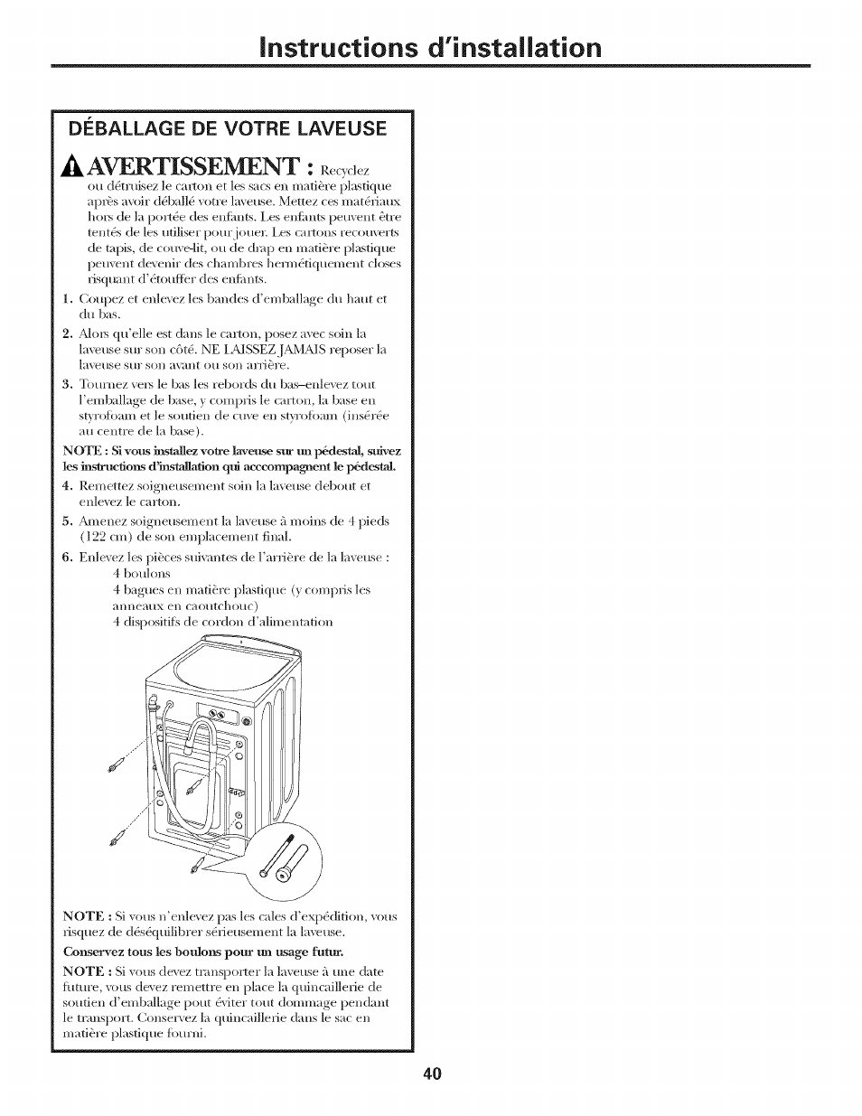 Instructions dlnstaiiation, Avertissement | GE LAVEUSES GBVH5140 User Manual | Page 40 / 76