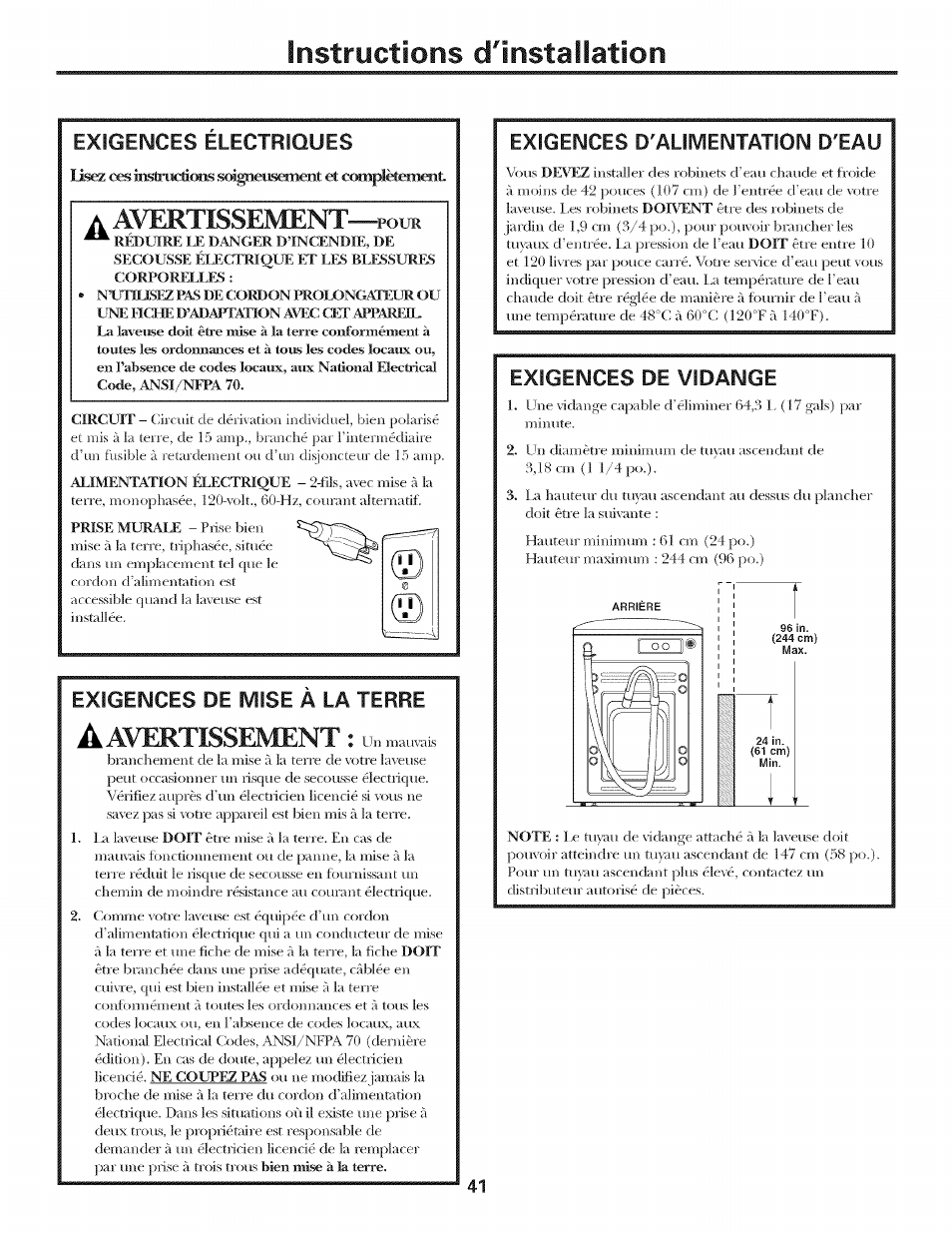 A avertissement—^pour, Exigences de mise a la terre, Exigences d'alimentation d'eau | Exigences d’alimentation d’eau, Instructions dlnstaliation, A avertissement, Avertissement, Pour | GE LAVEUSES GBVH5140 User Manual | Page 41 / 76