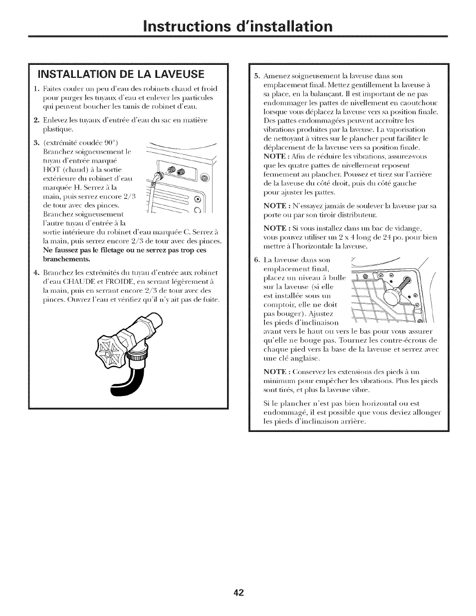 Instructions dlnstaiiation, Limstallatlow de la laveuse | GE LAVEUSES GBVH5140 User Manual | Page 42 / 76